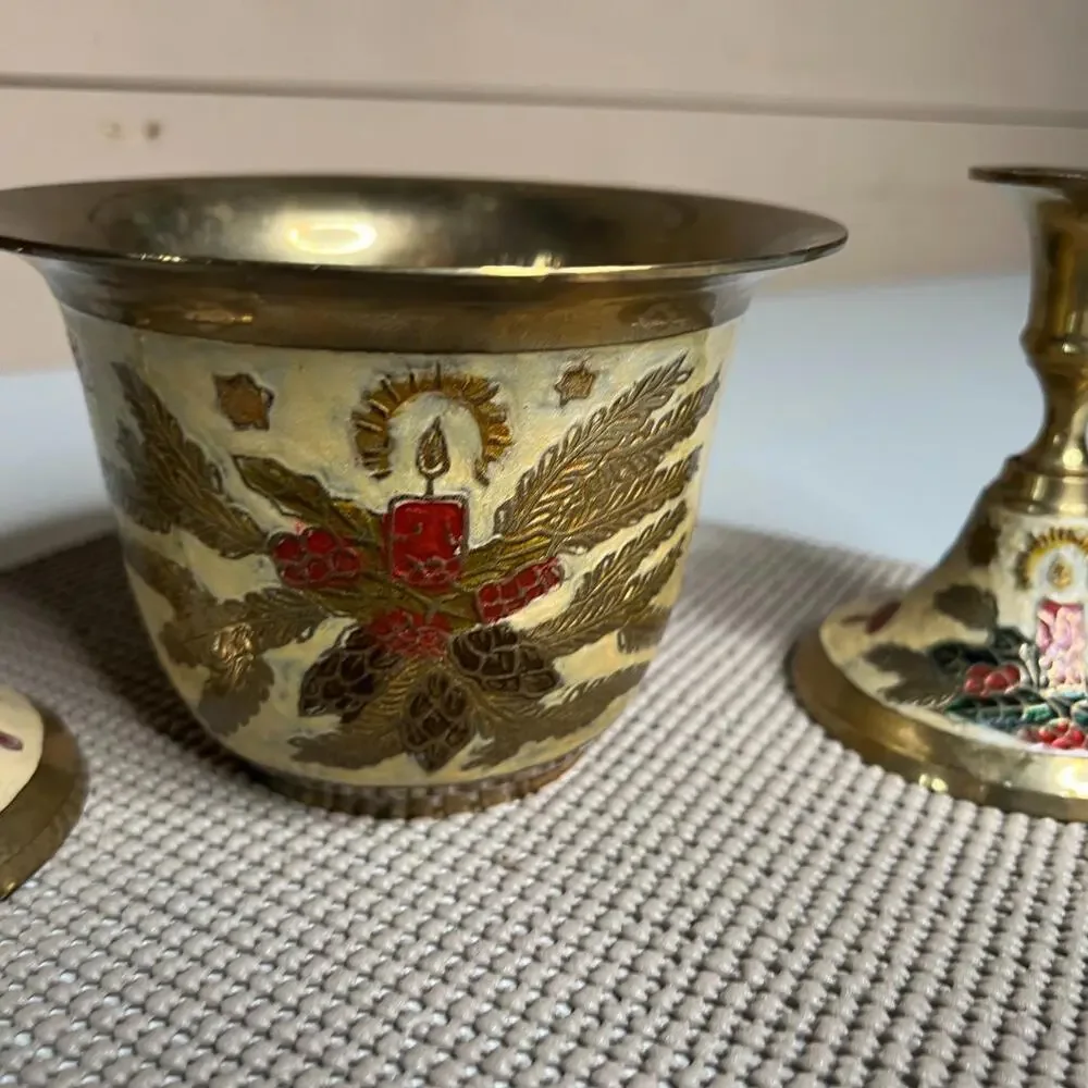 Vintage Brass Candle Holder & Bowl Set Christmas Enamel Made in India Holiday De